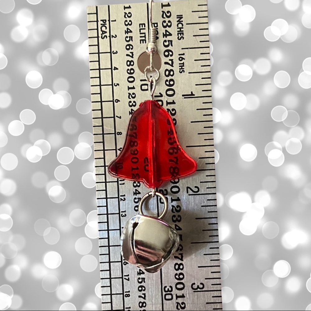 Hand Crafted Earrings Jingle Bell Dangle Silver Red Jewelry Christmas Pierced - Picture 4 of 6